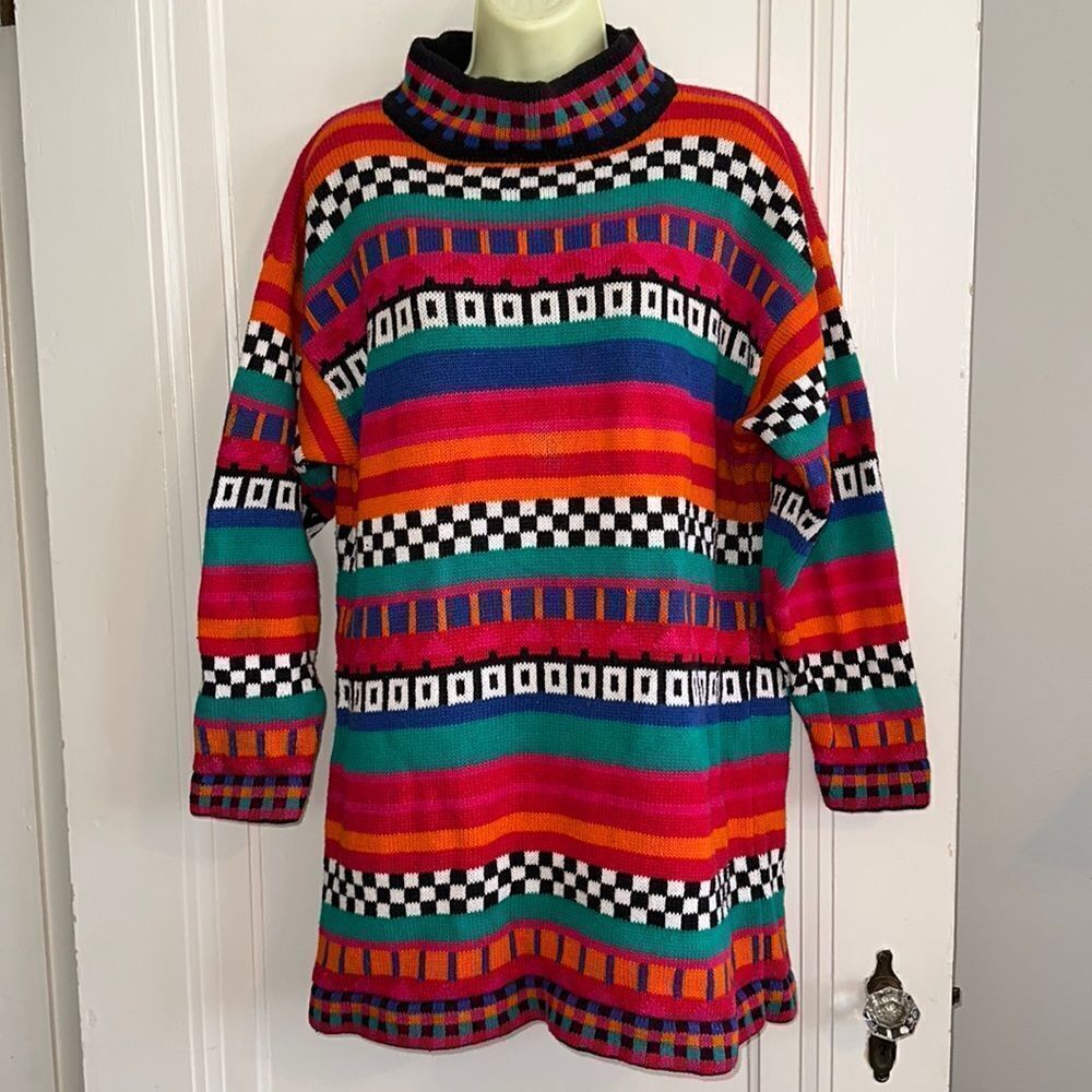 Vtg 80s/90s Contrasts turtleneck brightlyβ colored multi patternedβlong sweater